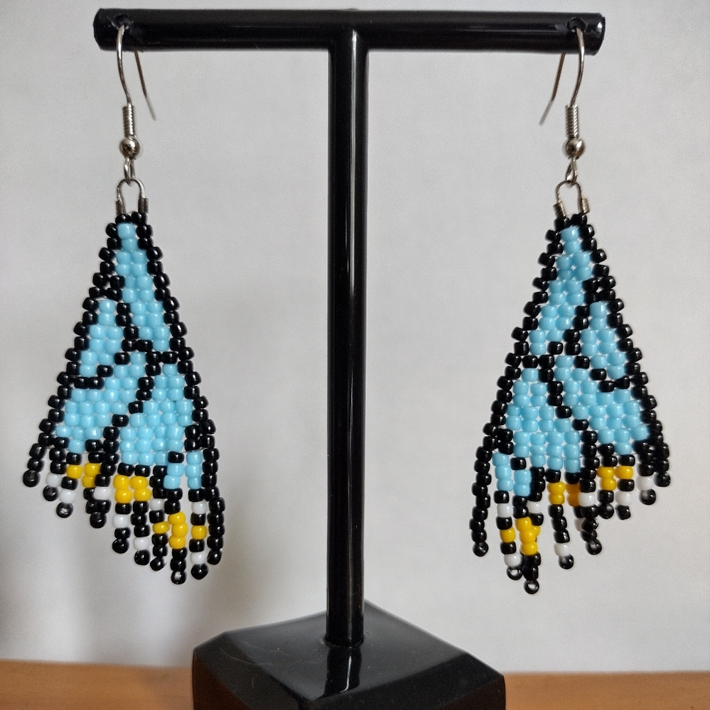 Gorgeous 2.5" Blue Beaded Butterfly Wing Handmade Dangle Earrings
